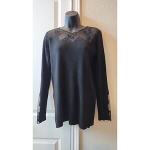 Rain+ Rose Lace Panel Black Flower Embroidered Women's Knit sweater SZ L.